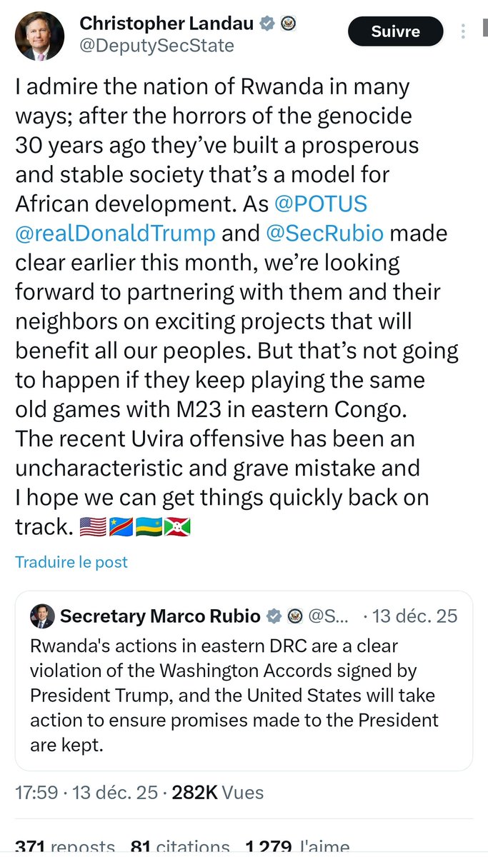The combination of these two messages from the U.S. State Department (@Statedept) must be giving Kigali some long, uncomfortable strategic nights.

“Do we move? Do we wait? Is this a bluff? He wouldn’t dare… would he? Yes, but… what if.” <a href="/PaulKagame/">Paul Kagame</a>