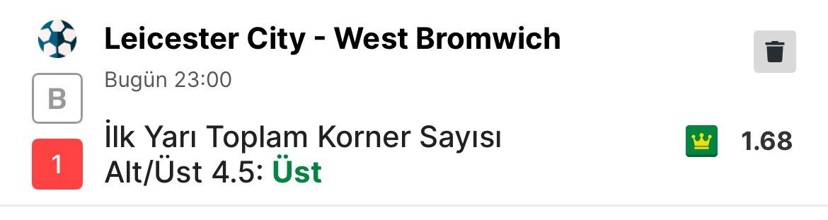 Leicester City – West Bromwich
İlk yarı 4.5 üst korner 🟢
Oran 1.68 👑⚽️