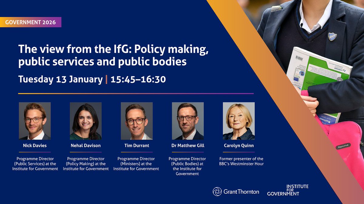 instituteforgov's tweet photo. The view from the IfG: Policy making, public services and public bodies

@carolynquinncq, former presenter of the BBC’s Westminster Hour, will be in conversation with our programme directors to discuss their verdict on the government’s performance.

https://t.co/D1z4kDYcgg https://t.co/pcFRkCJIwW