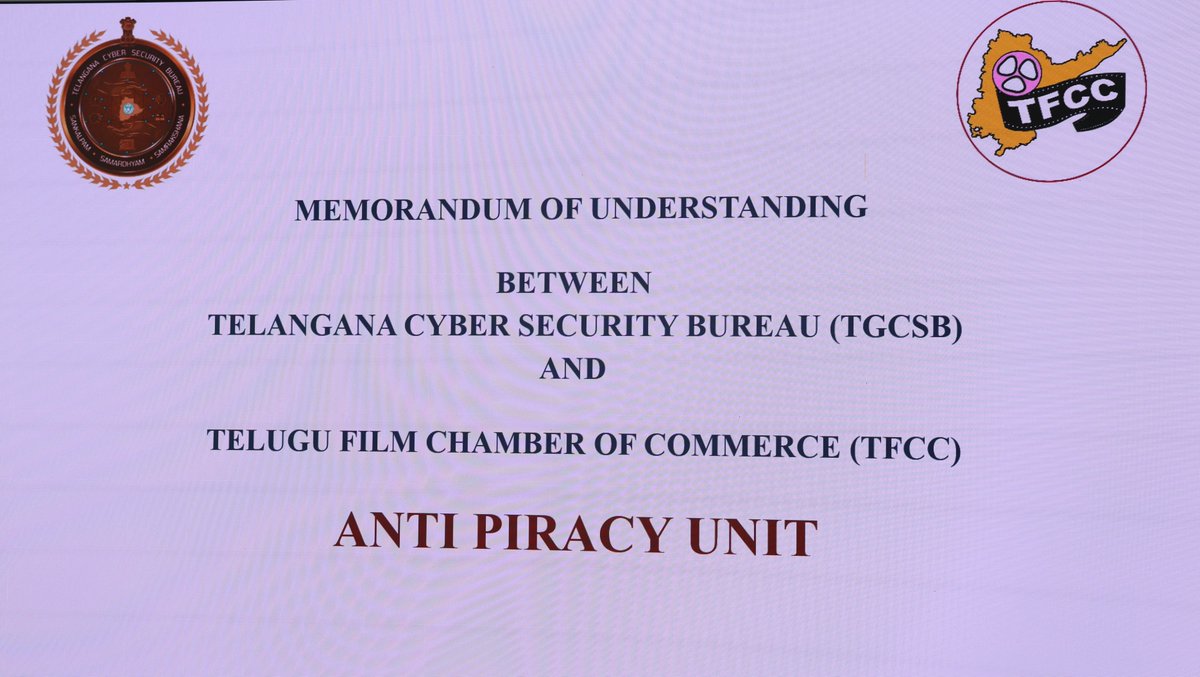 A Strong Step Against Digital Piracy 🚨

The Telangana Cyber Security Bureau (TGCSB) has signed a Memorandum of Understanding (MoU) with the Telugu Film Chamber of Commerce (TFCC) to strengthen coordinated action against digital film piracy.

The MoU was signed in the presence of