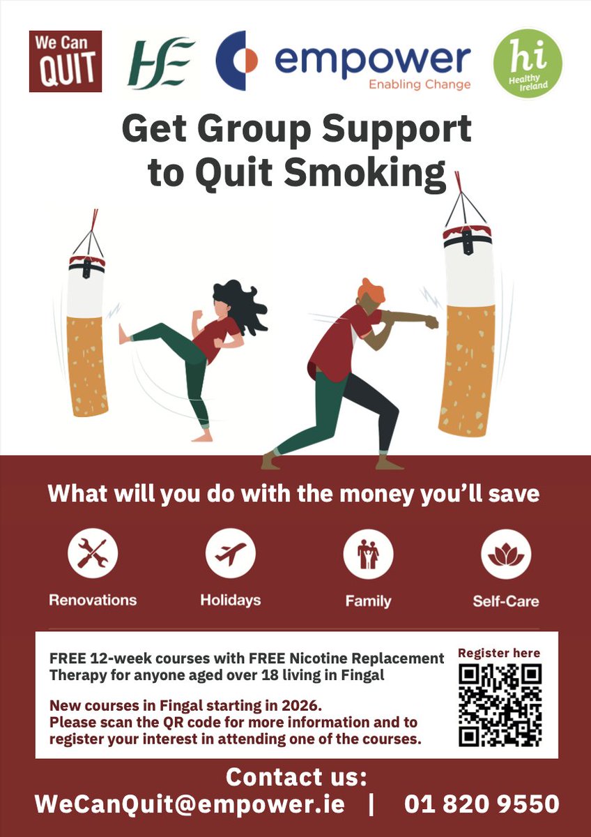 HealthyFingal's tweet image. Get Group Support to Quit Smoking 🚭

FREE 12-week courses with FREE Nicotine Replacement Therapy for anyone aged over 18 living in Fingal!

Please scan the QR code for more information and to register your interest in attending one of the courses.

@HealthyIreland @HSEQuitTeam