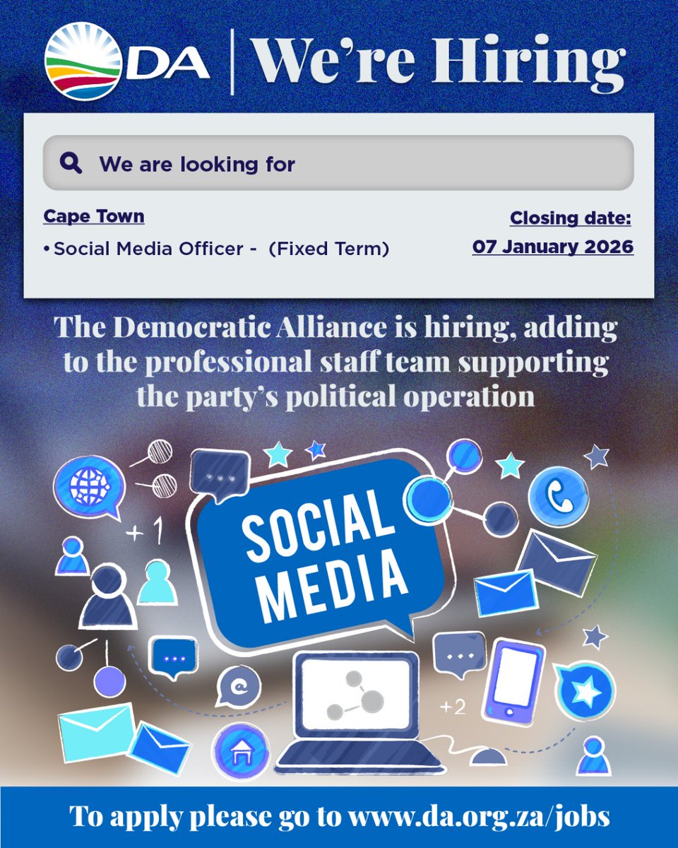 🚨The DA is looking for a creative Social Media Officer to join our professional team and help shape the conversation, tell powerful stories and drive real political impact.

Apply now and help move South Africa forward.
Follow this link ➡ da.org.za/jobs