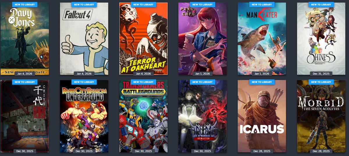 The steam sales is over and this is my loot. I will finally play Fallout 4 after 10 years of waiting. Thanks <a href="/igorallexsander/">Igor Allexsander</a>  for the gift! Believe in your dreams, it comes true 😭
Also thank <a href="/theejankanator/">Jankanator Gaming</a> for Davy and Jones. It's like a hidden indie we should play!