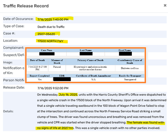 BryanDotson13's tweet photo. #crashdata TxDOT CRIS only records fatal injuries, not fatalities. For example, the manner of death for the fatality on 7/16/2025 on the N. Fwy was a medical issue and thus is not in the fatality count. https://t.co/R0nDCirJGH