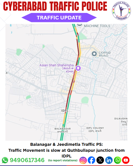 CYBTRAFFIC's tweet photo. Balanagar & Jeedimetla Traffic PS Update:

Traffic movement is slow at Quthbullapur Junction from IDPL due to heavy traffic. 
Cyberabad Police are monitoring and clearing the congestion. 
Commuters are advised to plan accordingly.
#TrafficUpdate
#SlowTraffic
#BalanagarTraffic
#JeedimetlaTraffic
#CyberabadTrafficPolice