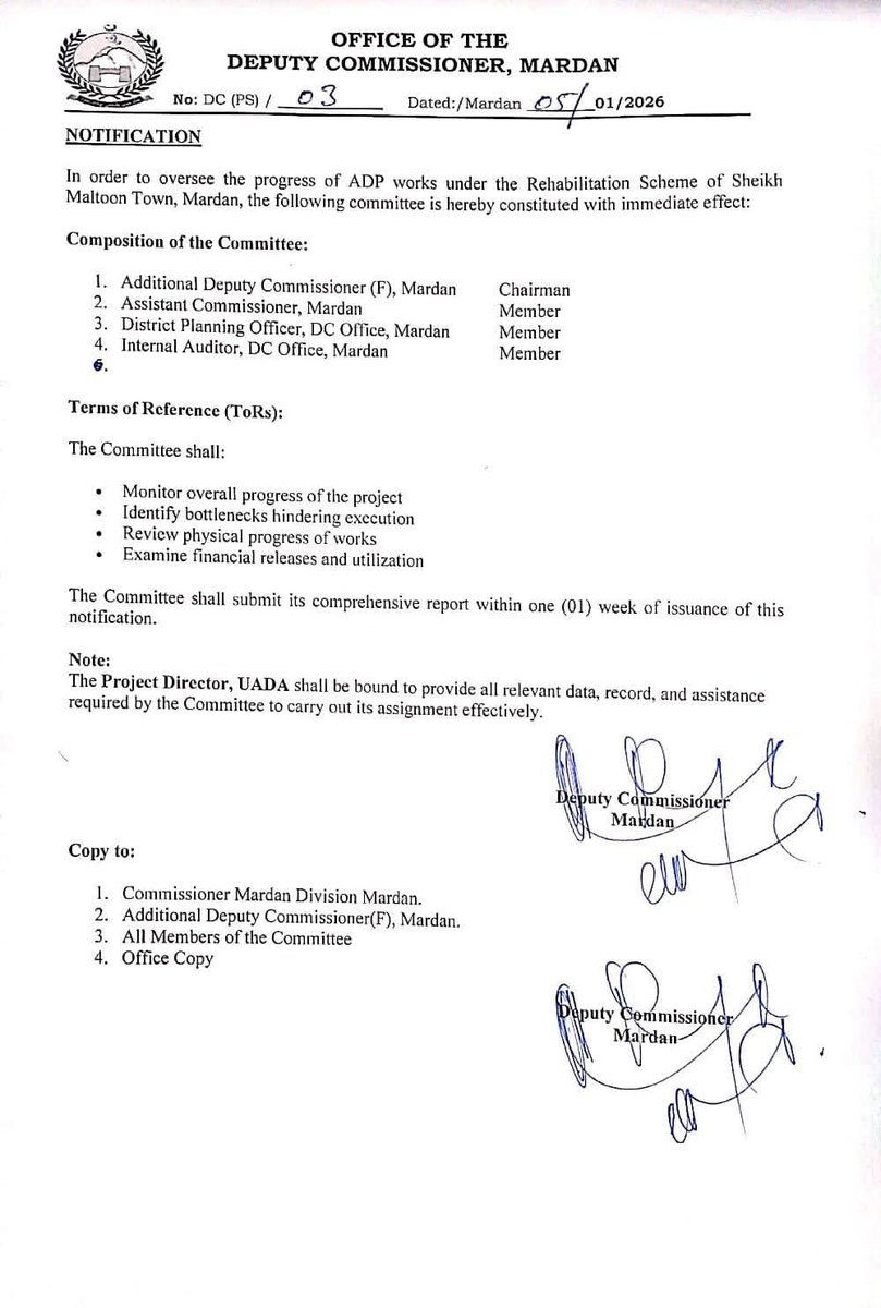 مردان: ڈپٹی کمشنر مردان کے آفیشل واٹس ایپ نمبر پر شیخ ملتون ٹاؤن کے سیکٹر آر سے متعلق موصول ہونے والی عوامی شکایات اور مسائل کے پیشِ نظر ریہیبلیٹیشن اسکیم کے تحت جاری اے ڈی پی ترقیاتی منصوبوں کی مؤثر نگرانی کے لیے ایک کمیٹی تشکیل دے دی گئی ہے۔

جاری کردہ نوٹیفکیشن کے مطابق