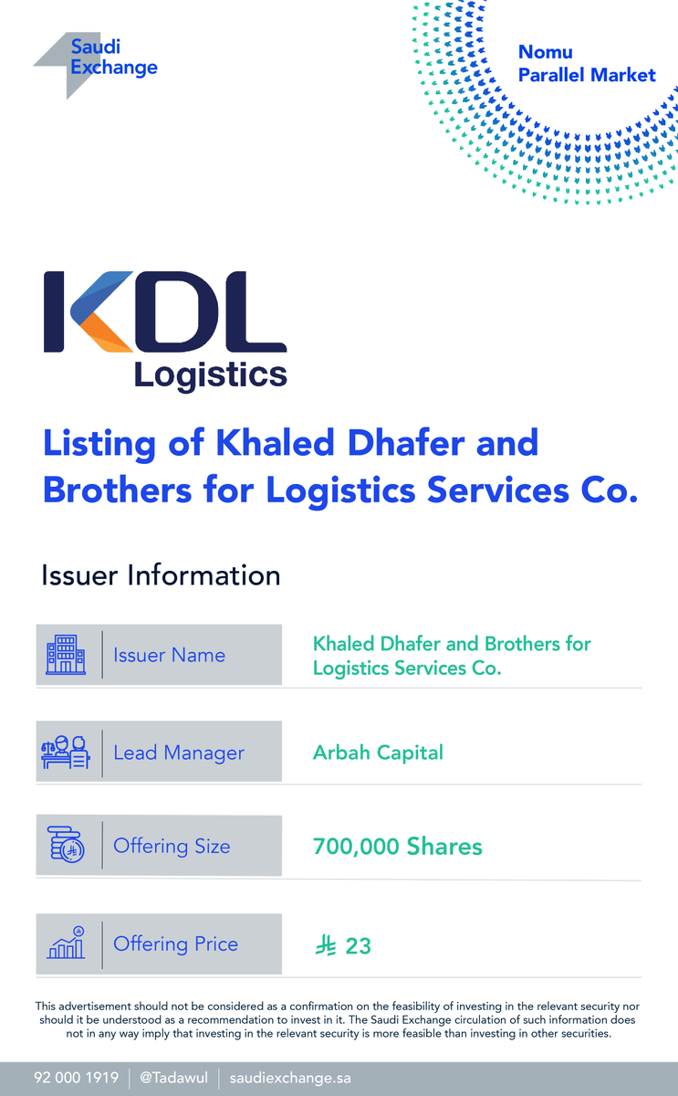 tadawul's tweet photo. Tomorrow, the listing of Khaled Dhafer and Brothers for Logistics Services Company on #NomuParallel Market.
Symbol: 9653.
#Saudi_Exchange https://t.co/3D23UCAypH