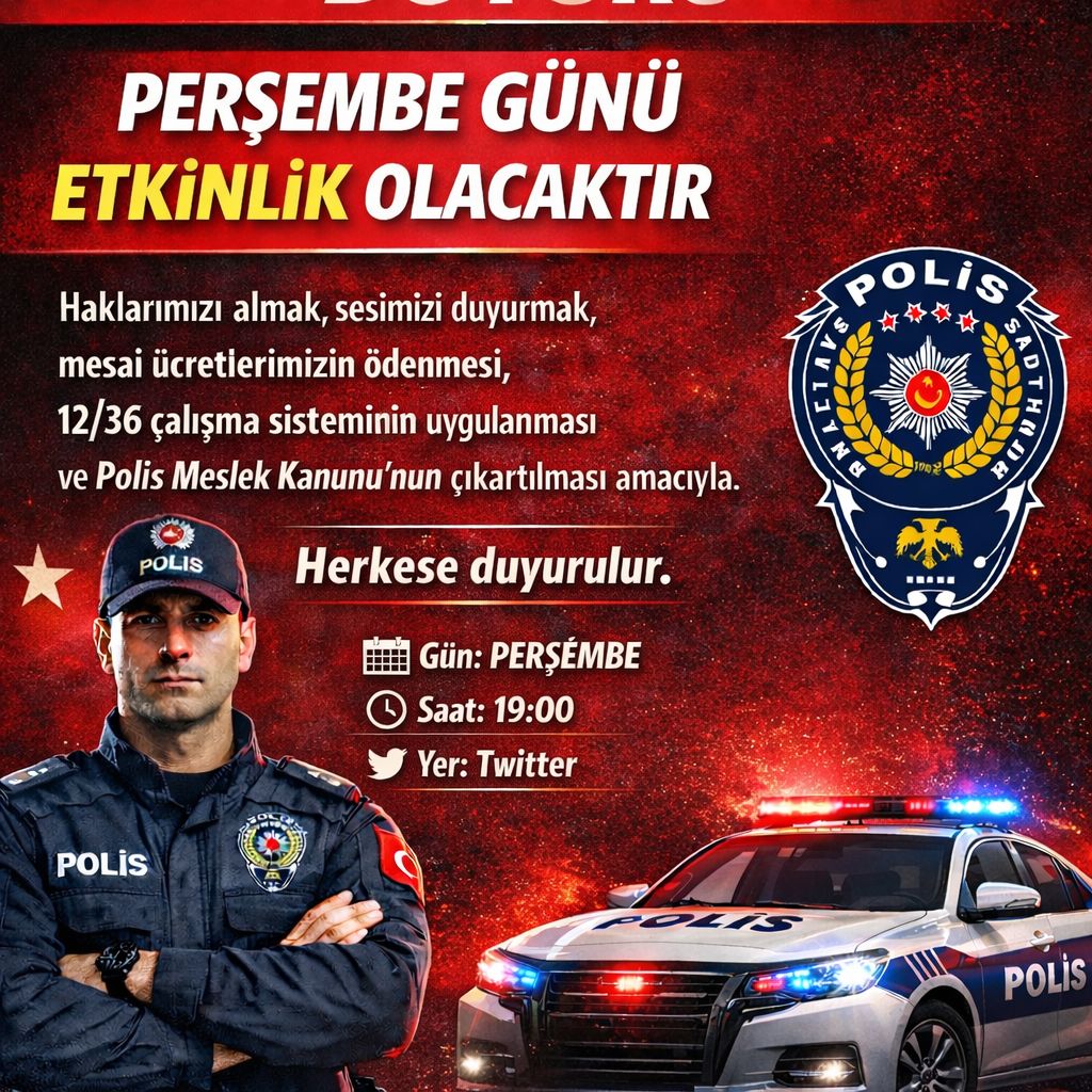Gün yeniden birlik olma Günü. Gün yeniden Türkiye Gündeminde Polis Özlük haklarını konuşma günü. 08.01.2026 günü saat 19.00 da  Etkinlik yapılacaktır. Polisi seven #polisiminyanındayım  diyen herkesi Etkinliğimize bekleriz. Hazırlıklra şimdiden başlayabilrsiniz. Lütfen RT yapalım