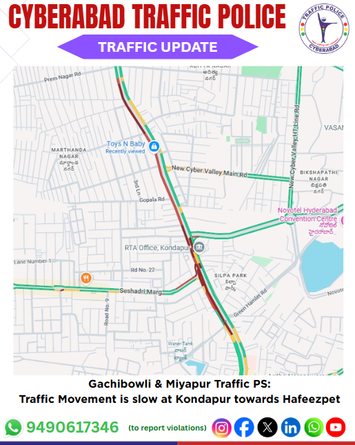 CYBTRAFFIC's tweet photo. Gachibowli & Miyapur Traffic PS Update:

Traffic movement is slow at Kondapur towards Hafeezpet due to heavy traffic. 
Cyberabad Police are monitoring and clearing the congestion. 
Commuters are advised to plan accordingly.
#TrafficUpdate
#SlowTraffic
#GachibowliTraffic
#MiyapurTraffic
#CyberabadTrafficPolice