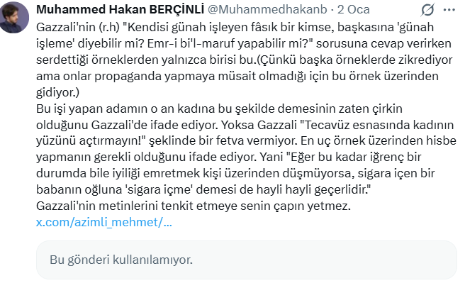 Gazzâli'ye yaptığı o saçma tenkiti eline yüzüne bulaştırınca kurtuluşu tweeti silmekte bulan ikinci sınıf akıl: <a href="/azimli_mehmet/">Mehmet Azimli</a>!
Eğer hatanın farkına vardıysan "Gazzali nezdinde İslam'a attığım iftiradan dolayı özür diliyorum." diyebilirdin. Ancak çareyi tweeti silmekte arıyorsan
