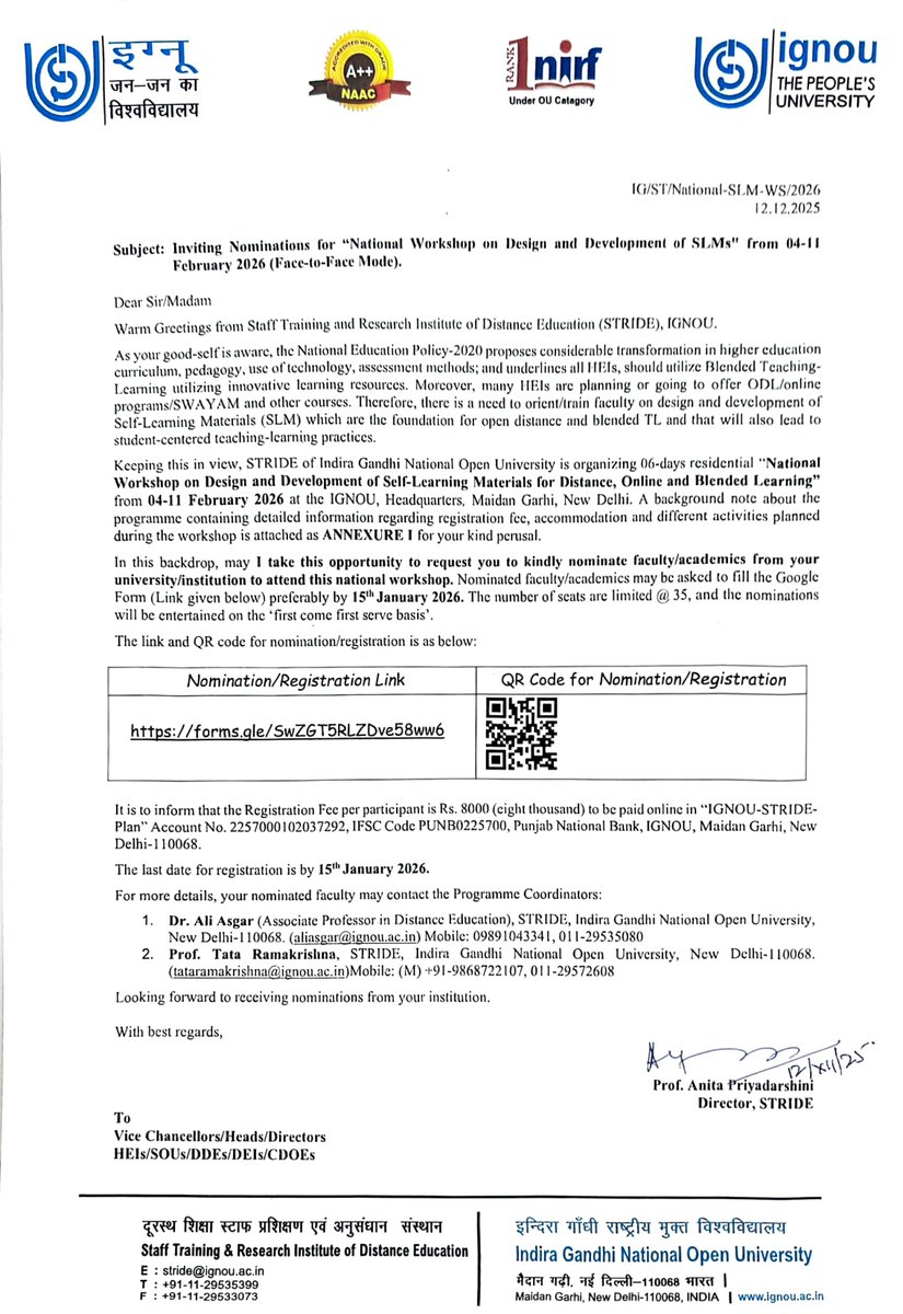 Inviting Nominations for “National Workshop on Design and Development of SLMs" from 04-11 February 2026 (Face-to-Face Mode)
ignou.ac.in/announcements/…