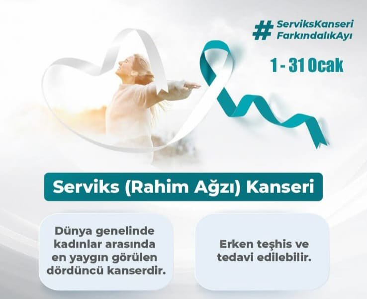 1–31 Ocak Serviks (Rahim Ağzı) Kanseri Farkındalık Ayı Serviks kanseri erken tanıyla önlenebilir ve tedavi edilebilir. HPV aşısı ve düzenli taramalar hayat kurtarır. Ücretsiz taramalar ASM, KETEM, SHM ve mobil tarama araçlarında yapılmaktadır. Sağlığınız için geç kalmayın.