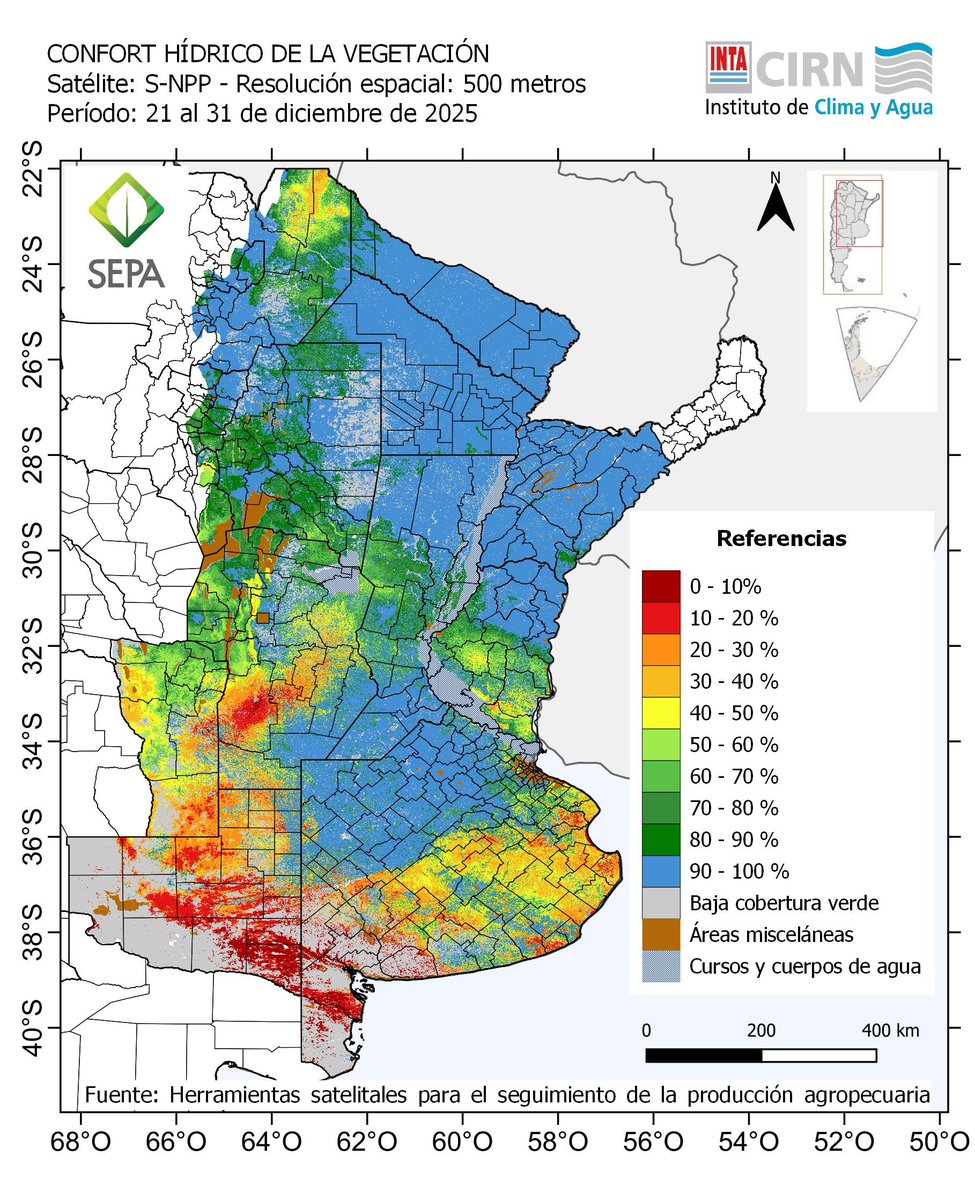 #SEPA <a href="/intaargentina/">INTA</a> 31dic
#Recarga Chaqueña y Descarga Pampeana
#Excedentes NEA !

 #Agua2m
🟢P. Ondulada e Interior, Litoral y NEA
🔴Oeste y 🟡Sur Pampeano (y d Entre Ríos!)

#Confort 
🟢en gral
🟡 Cultivos tempranos al Oeste y sur Pampeano!
