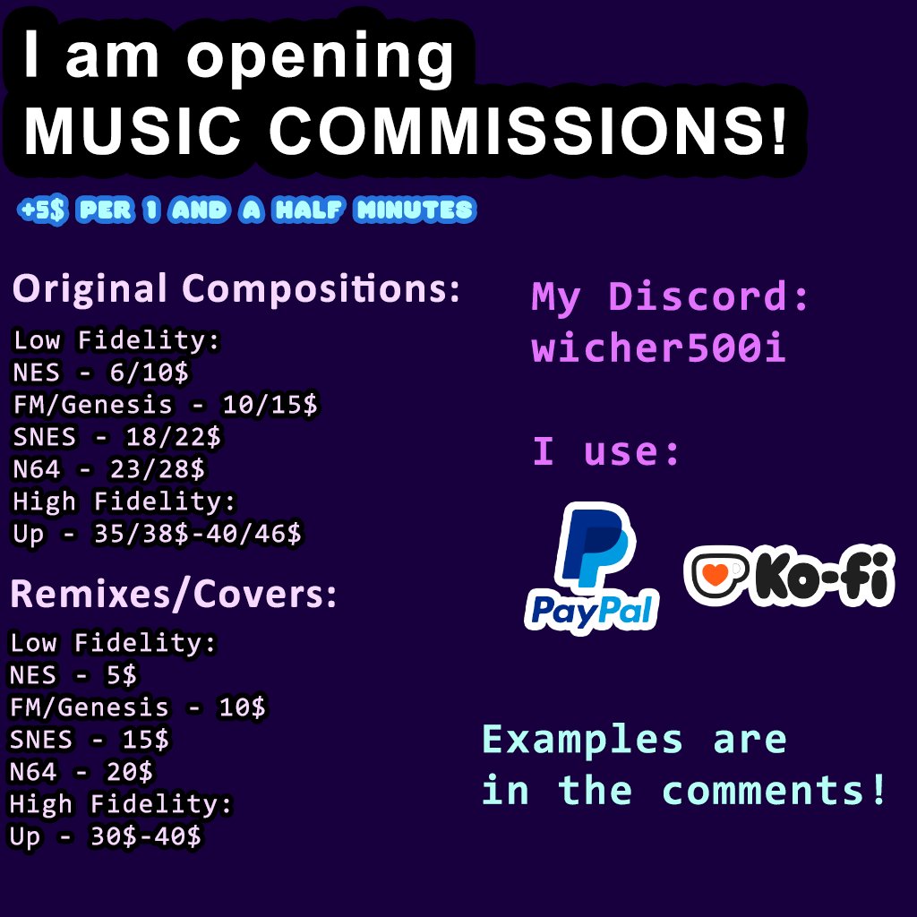 Wicherbitcher's tweet image. I am opening up, Music Commissions!

Examples of my work are in the comments.