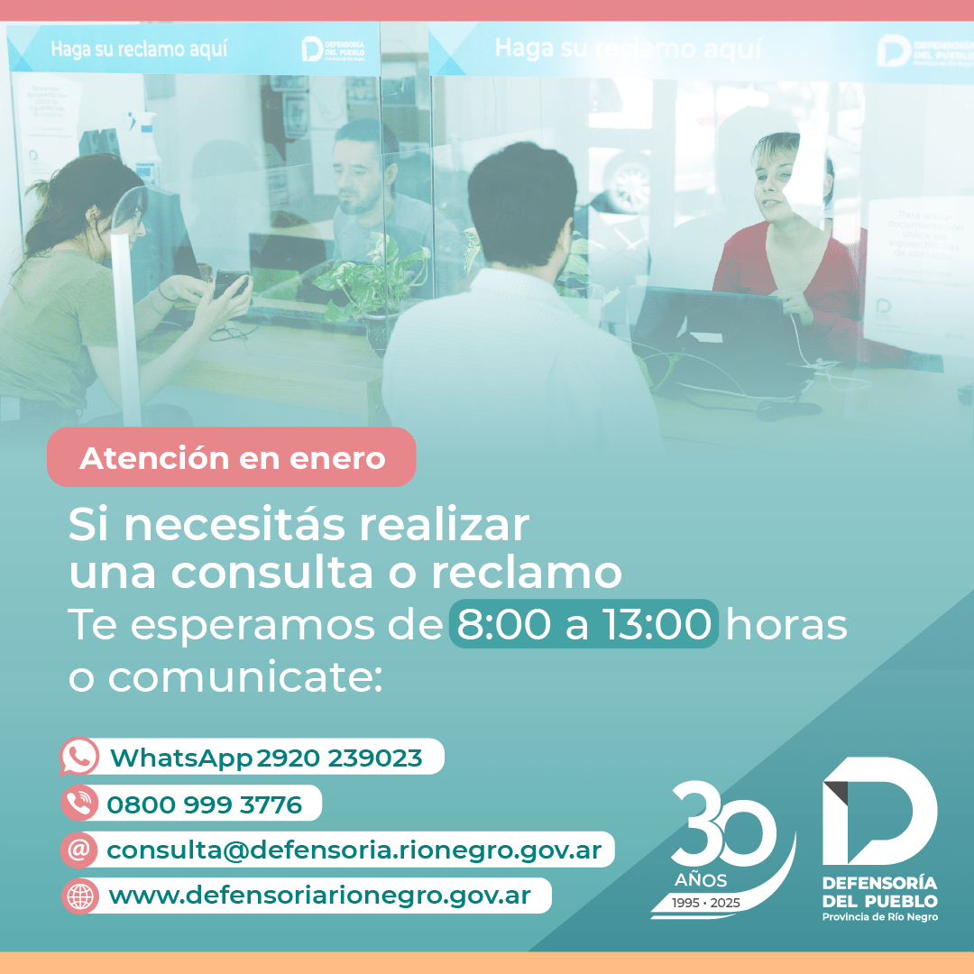 DPRioNegro's tweet photo. Durante el mes de enero la Defensoría del Pueblo continúa brindando atención de 8 a 13 horas.

En nuestra sede central de Viedma y delegaciones:
Bariloche · Gral. Roca · Cipolletti · Villa Regina https://t.co/IWKfOQR8G9