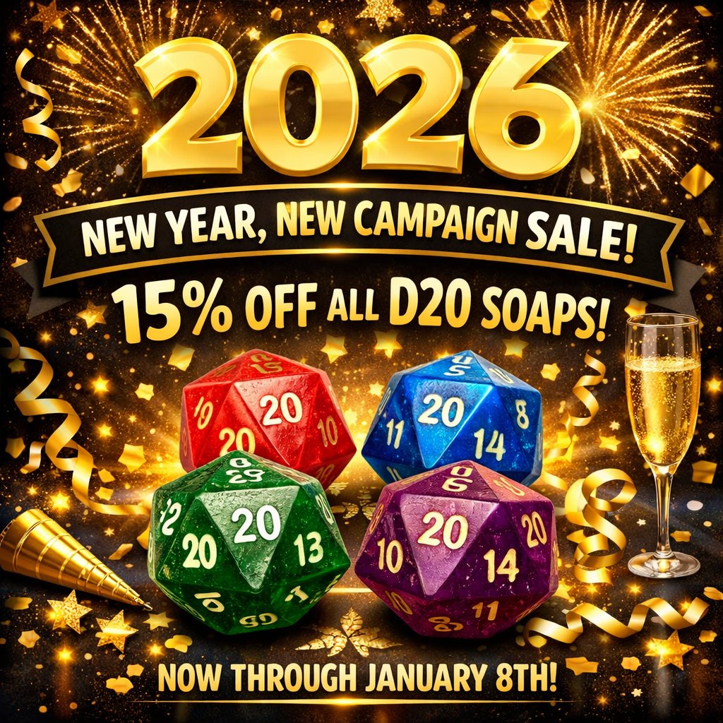 DMExavour's tweet image. Our New Year, New Campaign sale is live! The sale runs through January 8th and features an automatic 15% off ALL d20 soaps (including bundles).

etsy.com/shop/DMExavour…