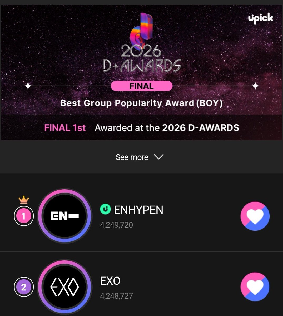 enhapopbase's tweet image. D Awards Boygroup Popularity Award FINAL has just started, please vote on this award! Let's give them this two years in a row.

📅 Ends on January 28th 3PM KST
🔗:s.u-pick.io/dl/uwVHbwy6G4h…