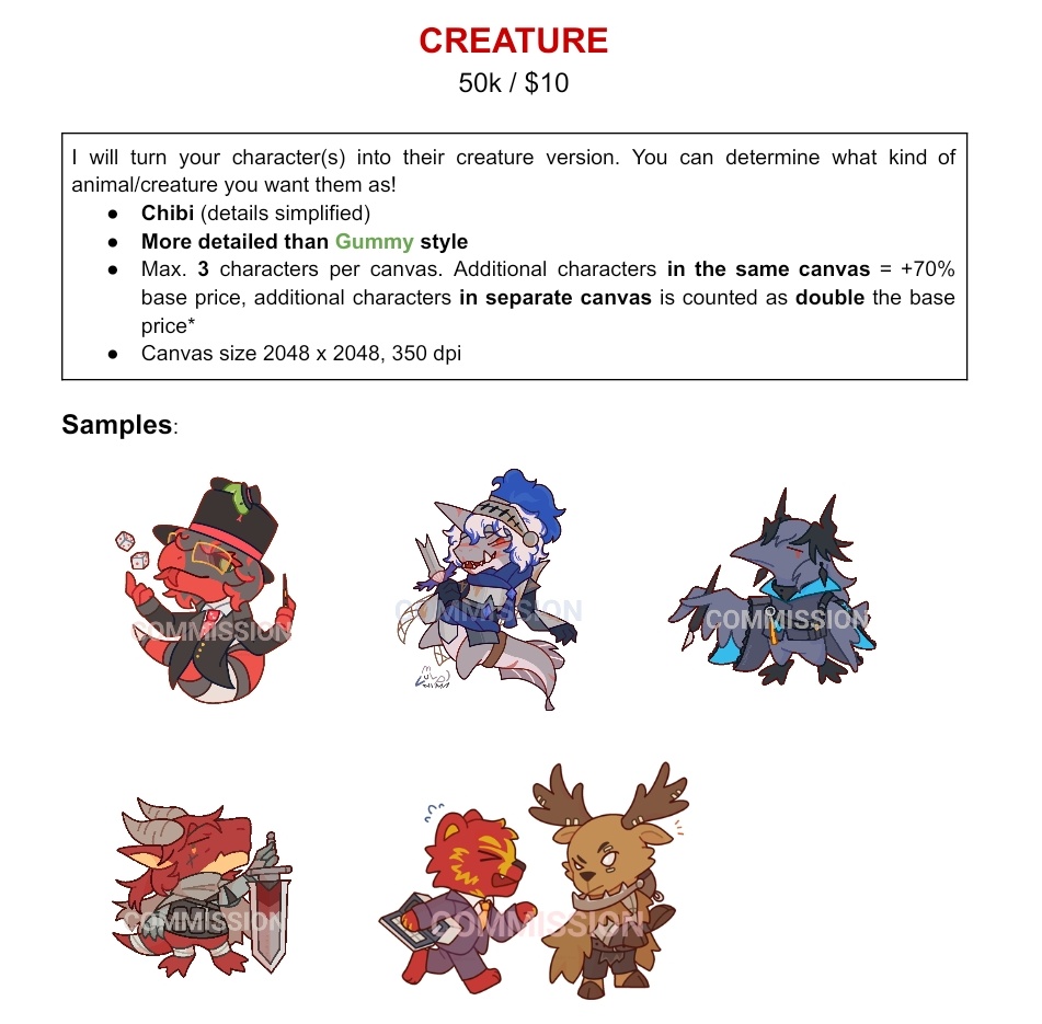 vulpinima's tweet image. SHAMELESSLY promoting my comms one last time because I finished my slots sooner and I still have time before I leave 😖

Here's a detailed version of the Creature and Gummy comms!