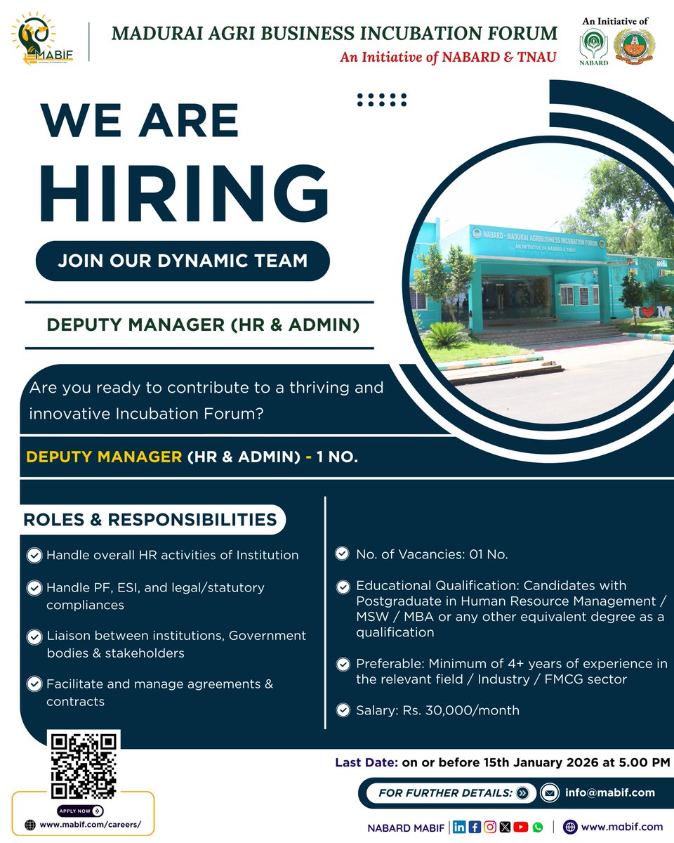 Application Deadline Extended till 15th Jan 2026! – Apply Now!

Designation: Deputy Manager (HR &amp; Admin)

Apply Here: mabif.com/careers/ or

Deputy Manager (HR &amp; Admin): forms.gle/8xeqKWxBToASiS…

For further details, Contact: info@mabif.com

Don’t miss this opportunity