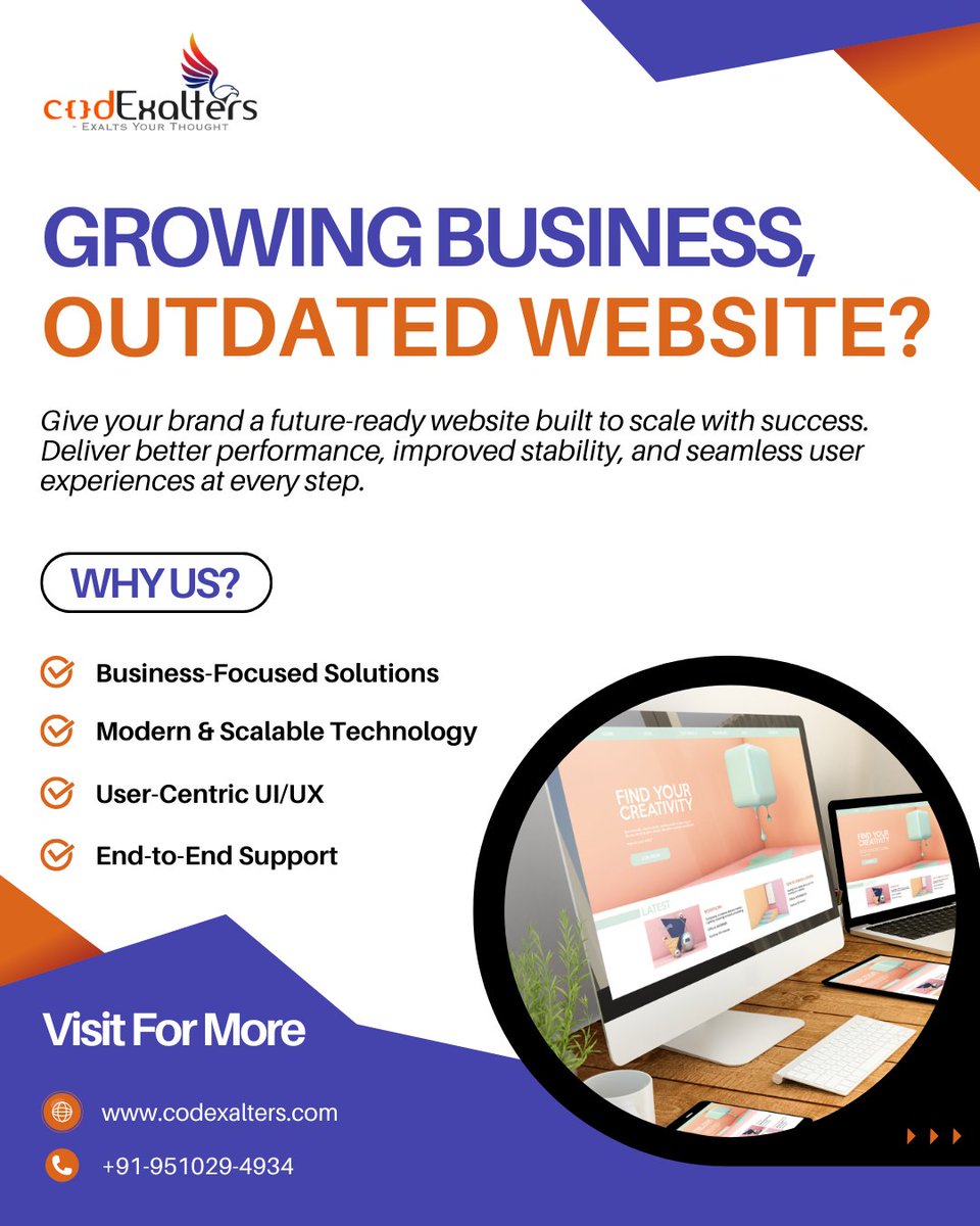 codExalters's tweet photo. Growing business but an outdated website?
That’s costing you leads.

Upgrade to a future-ready website built to scale 🚀

👉  Visit us at https://t.co/NcIhgutKaa

#WebDevelopment #BusinessGrowth #Followers https://t.co/yjA16Dtk2E