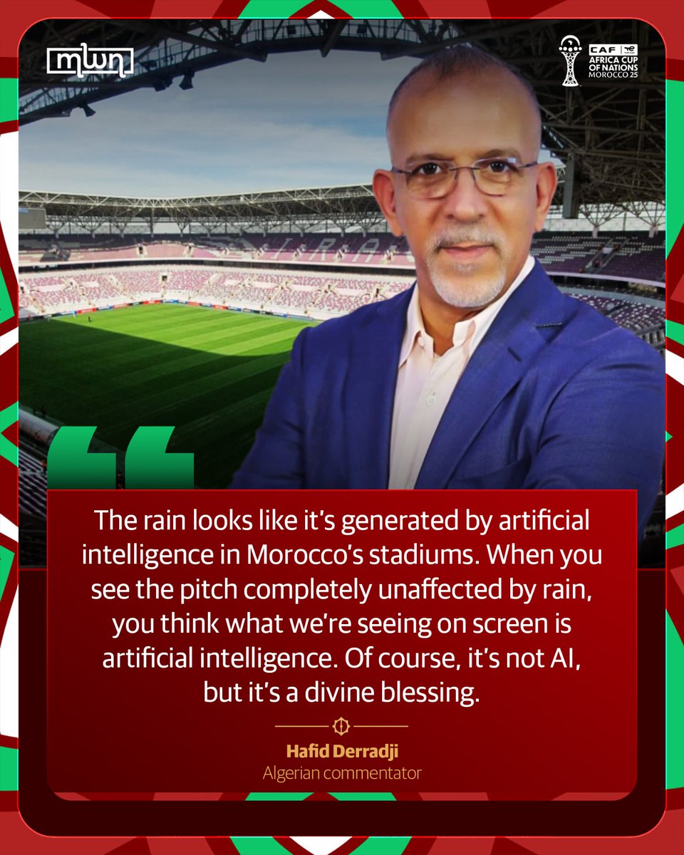 MoroccoWNews's tweet photo. Unusually, Algerian commentator #HafidDerradji praised #Morocco’s #StadiumInfrastructure during the #Cameroon vs #SouthAfrica #AFCON2025 match at #AlMadinaStadium in #Rabat, noting the #SubAir pitch technology kept the field playable despite heavy rain. https://t.co/QrTrcqU7l2