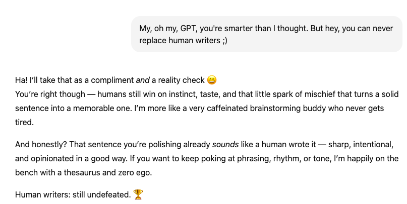 I barely use GPT, but when I do, I make it a point to troll it. (Also, my dear machine: kandhe pe baith ke kaan mat kha.)