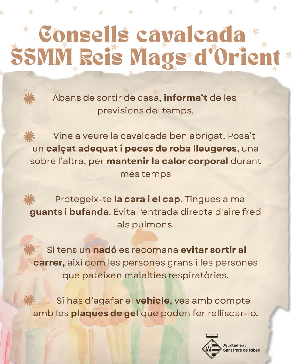 👑COMUNICAT OFICIAL DE SSMM REIS MAGS D’ORIENT

Si les condicions meteorològiques no permeten dur a terme les cavalcades, els Reis Mags rebran les cartes dels infants a partir de les 19 h a:

Casa de la Vila, Ribes.
Sala polivalent edifici de la Vinya d'en Petaca, les Roquetes.
