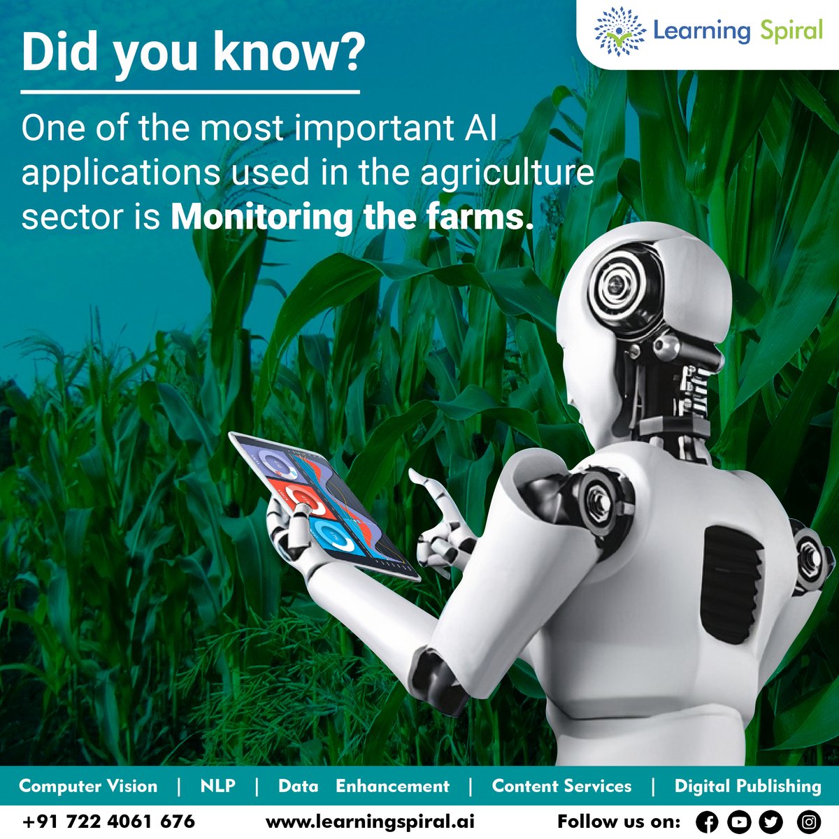 lspl_ai's tweet photo. 𝗗𝗶𝗱 𝘆𝗼𝘂 𝗸𝗻𝗼𝘄? 🌱
#AI is transforming agriculture by enabling real-time farm monitoring—helping farmers track crop health, optimize resources &amp; boost productivity.
𝐖𝐞𝐛: https://t.co/ZFMToKRenS
#LearningSpiralAI #AIinAgriculture #SmartFarming #AgriTech #FutureOfFarming https://t.co/AiaH1ob44x