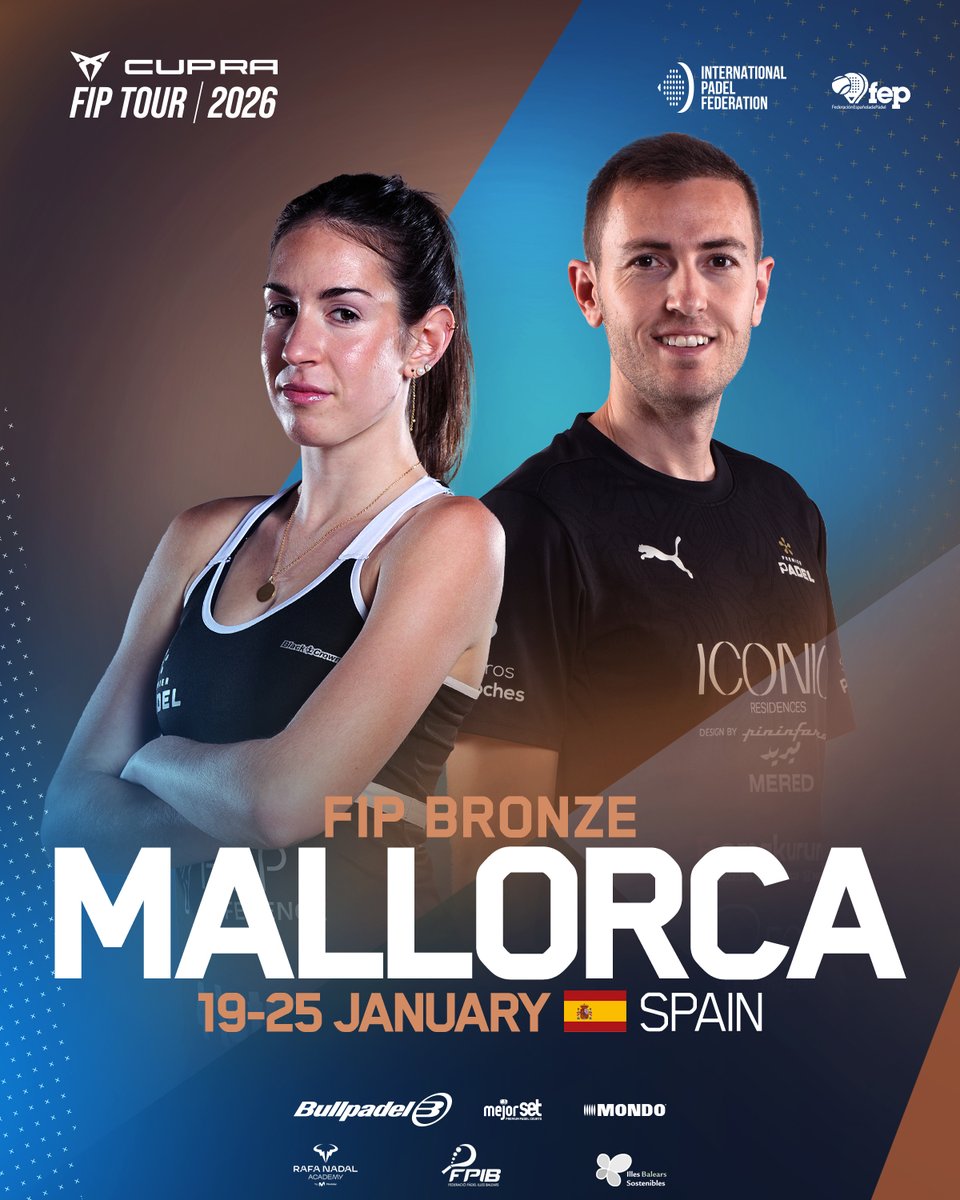 padelfip's tweet image. A new stop of the #CupraFIPTour is ready to shine in Mallorca 🇪🇸 International padel lands in the Balearic Islands with a full week of battles, points and big energy
 𝗙𝗜𝗣 𝗕𝗥𝗢𝗡𝗭𝗘 𝗠𝗔𝗟𝗟𝗢𝗥𝗖𝗔 𝟮𝟬𝟮𝟲 
Mallorca, Spain 
Academia Rafa Nadal  
19 – 25 January 2026