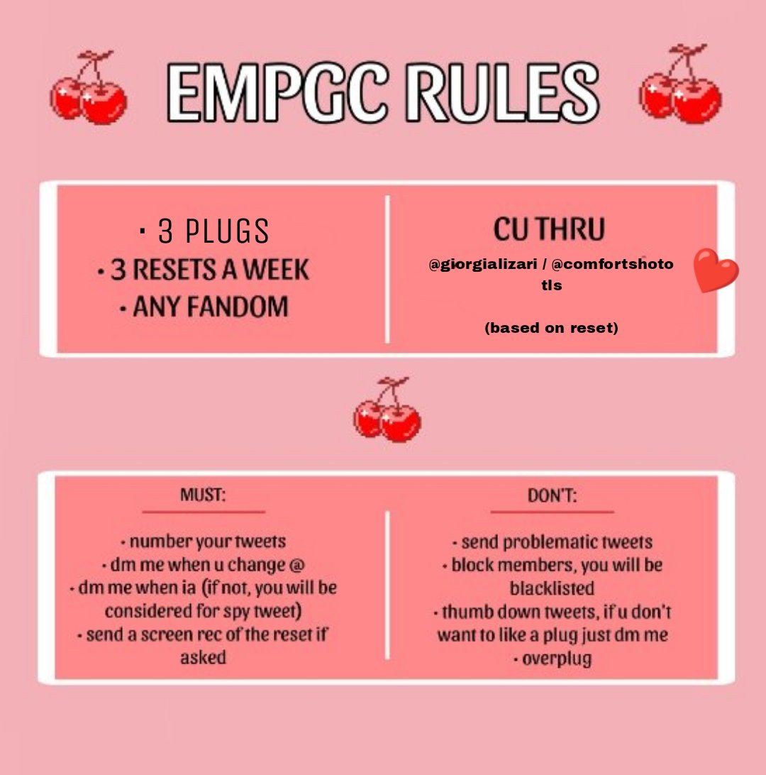 🌸 EMPGC ADDING PEOPLE

 • any fandom
• 3 plugs
• resets on: monday, wednesday and friday

🌸 TO BE ADDED:

• follow <a href="/EM_PGC/">EMPG 🌸</a> 
• RT and REPLY to this tweet 
• click on the link to join the chat: 
x.com/i/chat/group_j…