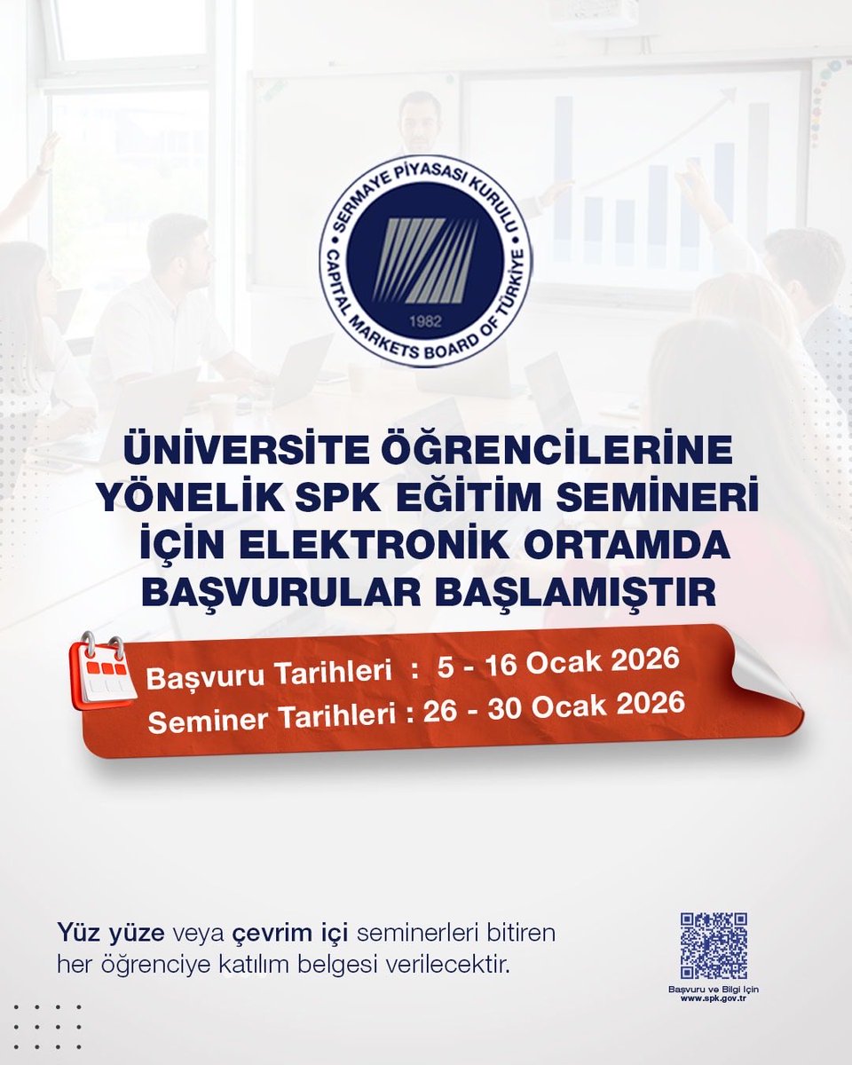 📚Üniversite öğrencilerine yönelik “SPK Eğitim Seminerleri” için başvurular bugün başladı.

Başvuru detaylarına aşağıdaki linkten ulaşabilirsiniz. 👇

spk.gov.tr/duyurular/basi…