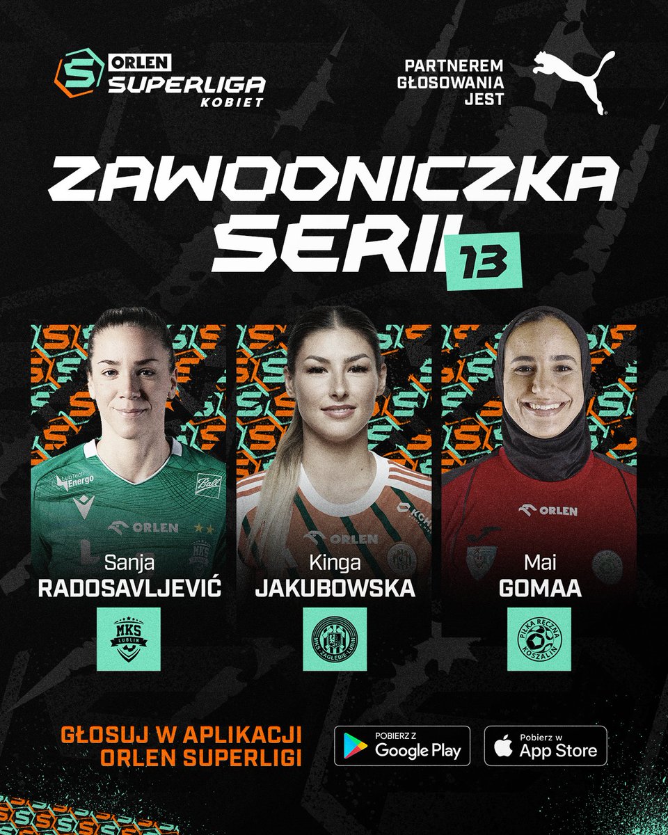 SLkobiet's tweet photo. Kto otrzyma pierwszy w tym roku tytuł zawodniczki serii? 🤔

⚪️ Mai Gomma @PRKoszalin ✍️ nominacja @polsatsport 
🟠 Kinga Jakubowska @MKS_ZL ✍️ nominacja @przeglad 
🟢 Sanja Radosavljević @mkslublin ✍️ nominacja @SportINTERIA 

Głosowanie odbywa się w APLIKACJI Superligi i trwa do jutra (6.01) do godziny 14:00 ⏳ Partnerem tytułu jest @PUMA 👟