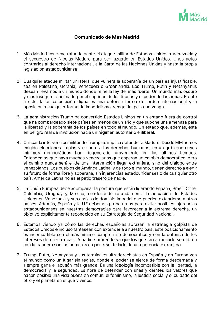 Comunicado de Más Madrid.