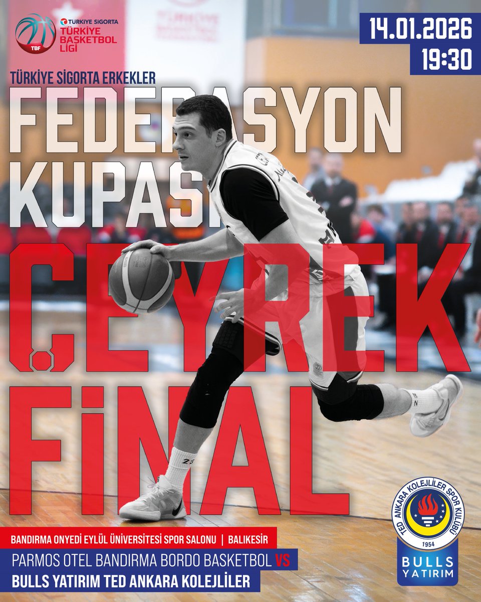 Türkiye Sigorta Erkekler Federasyon Kupası Çeyrek Final
Parmos Otel Bandırma Bordo Basketbol 🆚 Bulls Yatırım TED Ankara Kolejliler
📅 14 Ocak 2026 Çarşamba
⏰ 19:30
📍 Bandırma Onyedi Eylül Üniversitesi Spor Salonu | Balıkesir
#BullsYatırımTEDAnkaraKolejlilerBasket