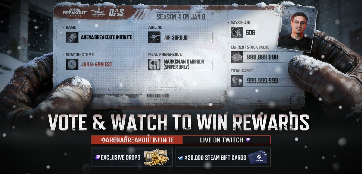 ArenaBreakoutPC's tweet photo. @shroud @LVNDMARK_tv @summit1g @GloriousE1 @theburntpeanut Hit the link and rep your player — generate your personal boarding pass.https://t.co/qzbSgJ8Yqt
Share your ticket and repost it with #ABIDAS. https://t.co/YbnoI5I2tP