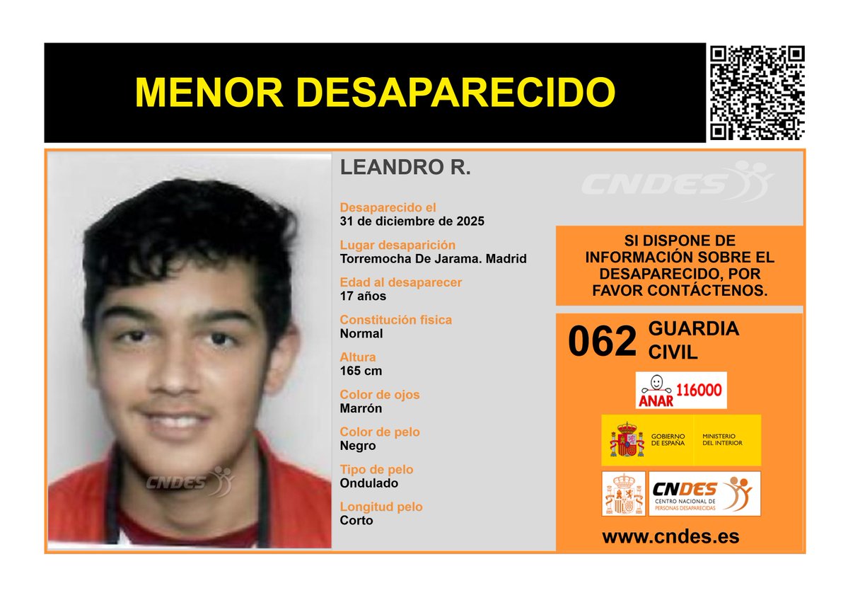 ⚠️🚹MENOR DESAPARECIDO🚹⚠️
Edad  años 17 
🧐Última localización #Torremochadejararma #Madrid
Ayúdanos➡️comparte📲
Si crees haberlo visto📩 cndes-web.ses.mir.es/publico/Desapa… 
📞062 <a href="/guardiacivil/">Guardia Civil</a> 
☎️116000 ANAR
<a href="/cndes_oficial/">CNDES</a> #menor #desaparecido