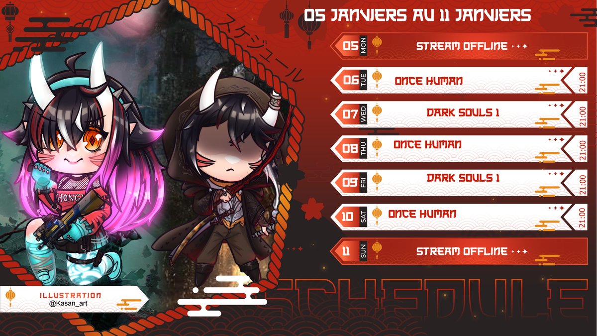 planning de la semaine 
Bonne année a toutes et a tous, on retourne sur du once human et sur les dark souls 
Et il y auras peut etre des stream dessin ou Mount &amp; blade 2 en journé
