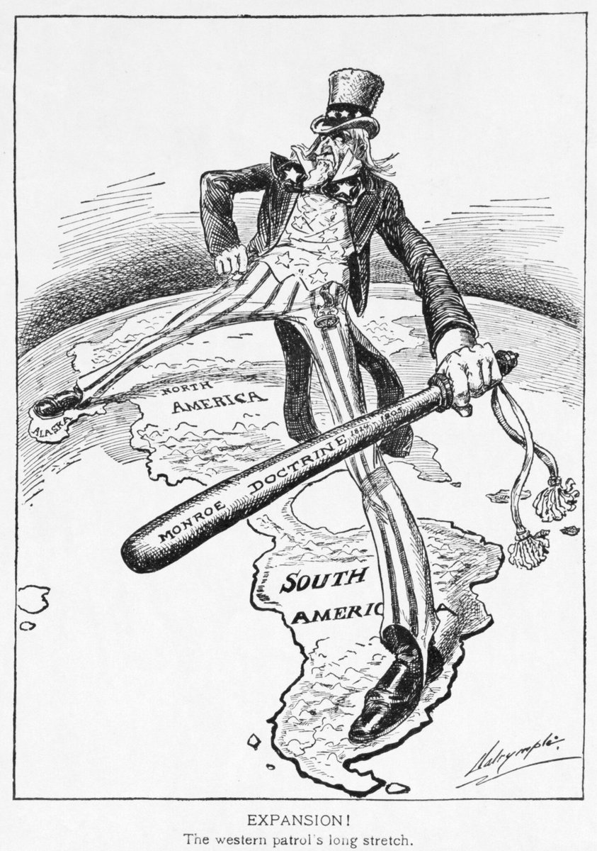 BenjaminNorton's tweet image. The Trump admin is blatantly colonialist, and proud of it.

US War Secretary Pete Hegseth shared this "Donroe Doctrine" propaganda, from an official account.

It references a 1905 Monroe Doctrine political cartoon.

They want to drag the world back 121 years to the colonial era.