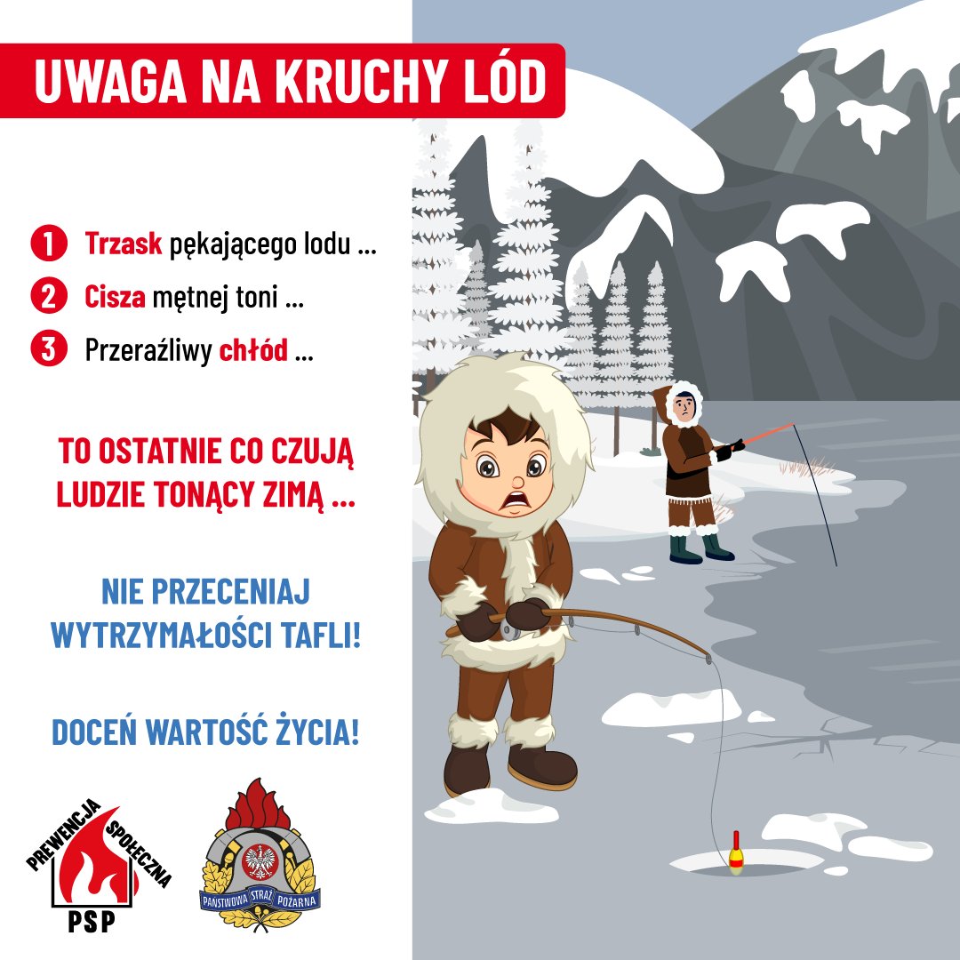 Zimą szczególnym zagrożeniem jest wchodzenie na zamarznięte akweny. Lód bywa kruchy i może załamać się w każdej chwili – grozi to wychłodzeniem i utonięciem. Niebezpieczne są także zwisające z dachów sople lodu, które mogą spaść i spowodować poważne obrażenia. Bądź ostrożny. 🚒❄️