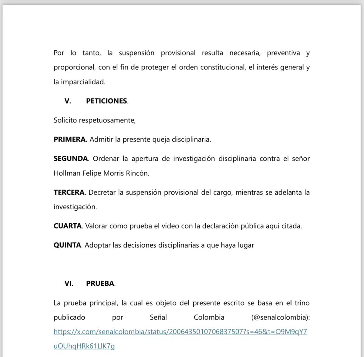 Le pedí formalmente al Procurador suspender inmediatamente de su cargo, investigar y sancionar al señor Hollman Morris por su indebida participación en política desde los micrófonos de RTVC.

Los recursos públicos no son para el activismo político y la politiquería