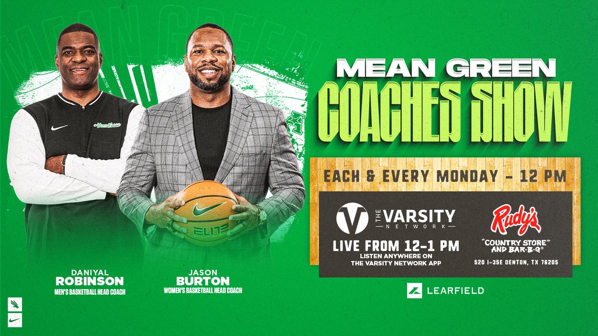 MeanGreenSports's tweet image. The Mean Green Coaches Show is TODAY at 12 p.m. CT, live from @rudysbbq in Denton!

Hear from @MeanGreenWBB's @CoachJBurton and @ChaniaPrice and @MeanGreenMBB's @Coach_D_Rob and @duece_3jjr 🏀

See y'all there!

#GMG🦅