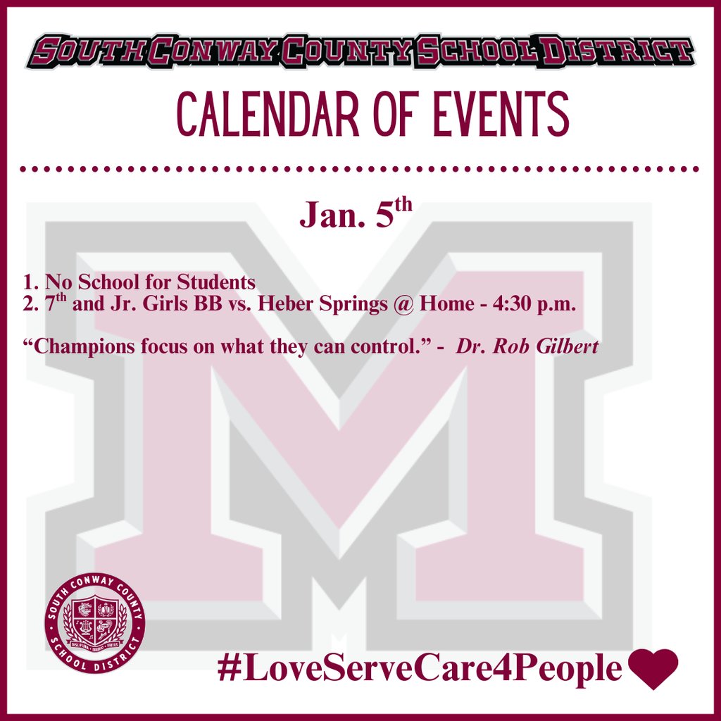 mhsdevildogs's tweet image. Jan. 5th  Event Calendar

 1. No School for Students
 2. 7th and Jr. Girls BB vs. Heber Springs @ Home - 4:30 p.m.  

 “Champions focus on what they can control.” -  Dr. Rob Gilbert
