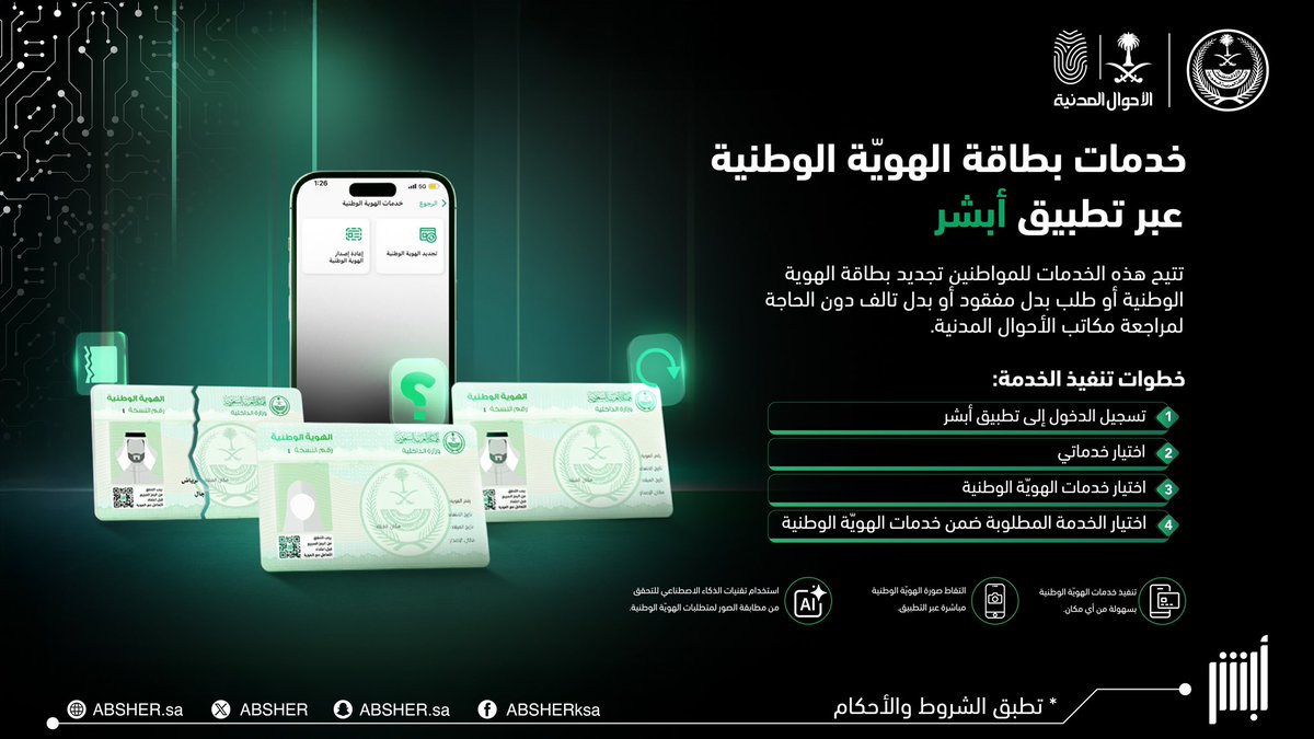 Absher's tweet image. بيسرٍ وسهولة .. خطوات تنفيذ خدمات بطاقة الهويّة الوطنية عبر تطبيق #أبشر.
✔️ تجديد
✔️ إصدار بدل تالف 
✔️ إصدار بدل مفقود

#أبشر_بها_وأنت_بمكانك