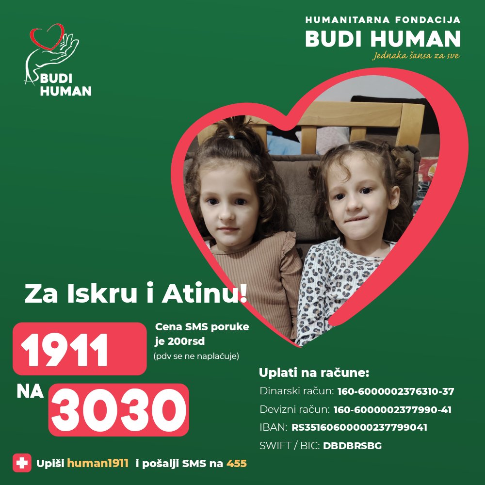 budihuman's tweet photo. Pomozimo Iskri i Atini!

Upišimo 1911 i pošaljimo SMS na 3030

https://t.co/q8xp8FAZje

#budihuman #jednakašansazasve #podeli #iskraiatinasimionidis https://t.co/DXzdor02hs