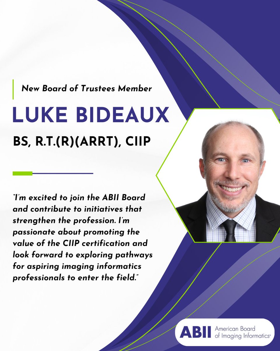 ABIICIIP's tweet photo. We're thrilled to welcome Luke Bideaux, BS, R.T.(R)(ARRT), CIIP, to our Board of Trustees! Bideaux brings deep expertise in imaging informatics and leadership, with experience spanning data engineering, workflow design, product management, and more.

https://t.co/deZWboEVvF https://t.co/t0hM5i6Zfv