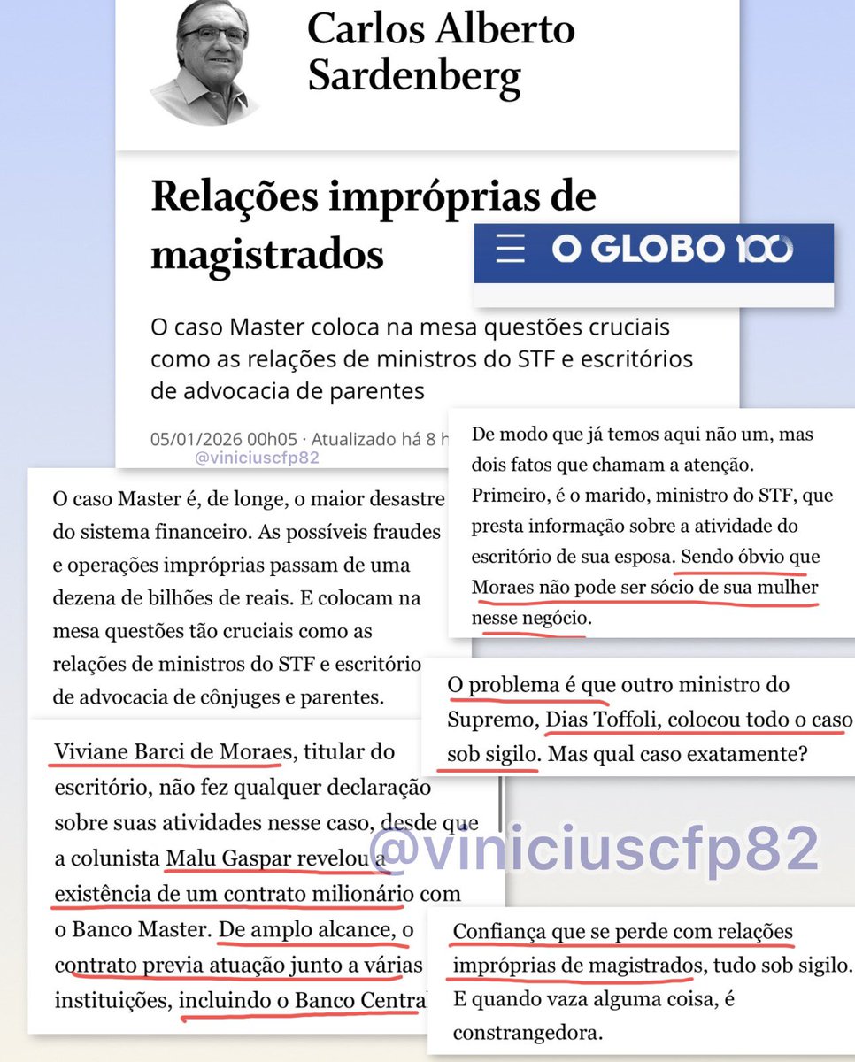 O Globo segue firme na ofensiva contra alguns ministros do Supremo, após anos aplaudindo e/ou justificando o injustificável. Após a prisão de Bolsonaro, a imprensa "acordou". Um dia descobriremos o que está por trás deste despertar. Mas que bom que "despertaram".