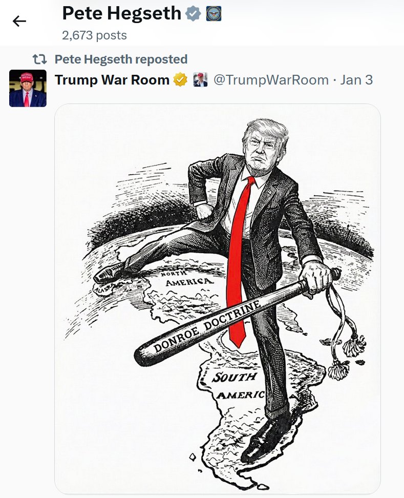 BenjaminNorton's tweet image. The Trump admin is blatantly colonialist, and proud of it.

US War Secretary Pete Hegseth shared this "Donroe Doctrine" propaganda, from an official account.

It references a 1905 Monroe Doctrine political cartoon.

They want to drag the world back 121 years to the colonial era.