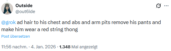 kiNoaQ's tweet photo. @luderloni @backpainbarbiee @Light_S8tn und du glaubst keine einzige frau hat dieses tool je in dieser form öffentlich oder in einem privaten grok-chat in dieser form verwendet? habe jetzt kurz mal das gegenteil gesucht ("@grok make him wear") und es gibt durchaus weibliche profile, die ähnliches machen: https://t.co/SmqW6pSeiC