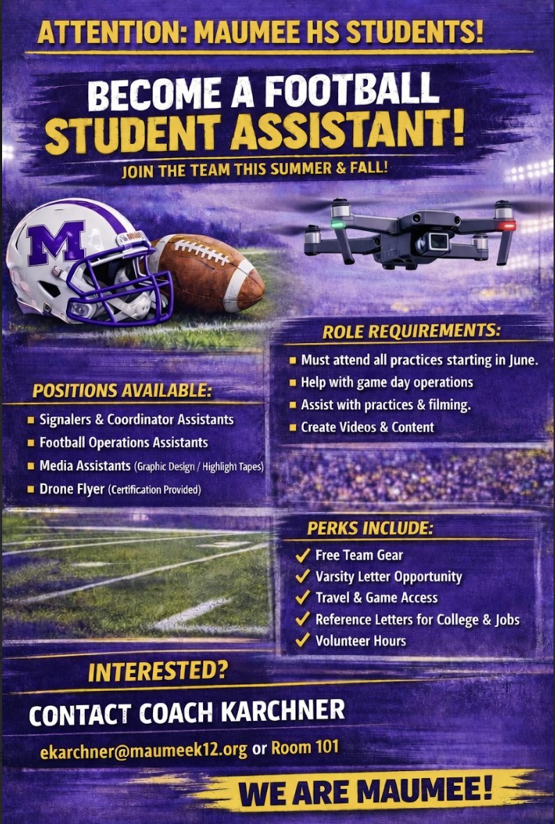 MaumeePanthers's tweet image. Anyone gr 9-12 who is interested, please see Coach Karchner 🏈