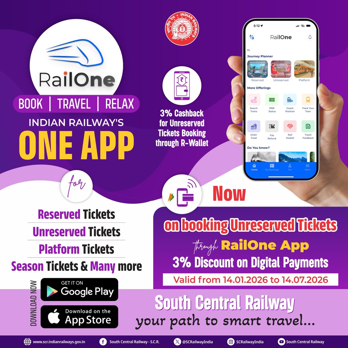 SCRailwayIndia's tweet photo. One app. One journey. ✨
Book reserved, unreserved & platform tickets on RailOne — now get 3% discount on unreserved tickets via digital payments.
Travel smart. 🚆📱
#RailOne #IndianRailways #SmartTravel #TrainJourney #UnreservedTickets #ReservedTickets #SCR https://t.co/KanPENUgaS